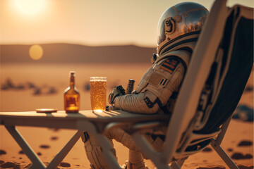 An astronaut sits on a chair and basks under the rays of a bright star while drinking beer on an alien planet, the concept of travel and lifestyle of an astronaut on another planet, art generated ai