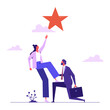 © treety - Teamwork or support to achieve business goal, partnership or manager mentorship to help success concept, businessman manager support colleague to stand on his knee to reach target