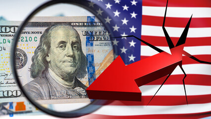 Poster - Dollar under magnifying glass. Broken US flag. Americas financial system. Crisis in US economy. Red arrow symbolizes negative trends in economy. US financial market. Inflation, devaluation. 3d image.