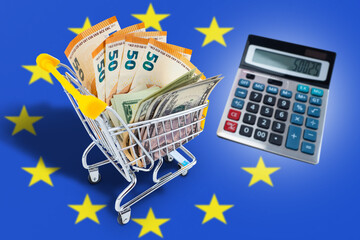 Inflation in European countries. Trolley for products with flag of European Union. Euro banknotes near calculator. Concept of increasing food prices. Consumer inflation in Europe. 3d image.