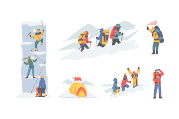 Wall Mural - People Characters with Backpacks Engaged in Winter Mountaineering or Alpinism Climbing High Summit Vector Illustration Set