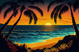 Fototapeta  - Palms spanning the sea at sunset. Blue background with yellow clouds and sand beach. Indian Ocean sunset seashore. The waves at the shoreline reflect the sea and sky at dusk. evening at the beach with