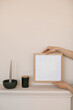 Close-up of woman hanging square wooden frame with empty mockup copy space on wall. Minimal art concept.