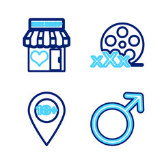 Sticker - Set line Male gender symbol, Location with 18 plus, Film reel Sex and shop building icon. Vector