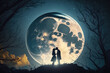 Silhouette of a couple kissing in front of a full blue moon created with Generative AI technology