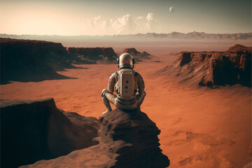 Wall Mural - astronaut sits on the edge of a cliff and admires the amazing landscape of an alien planet. concept 