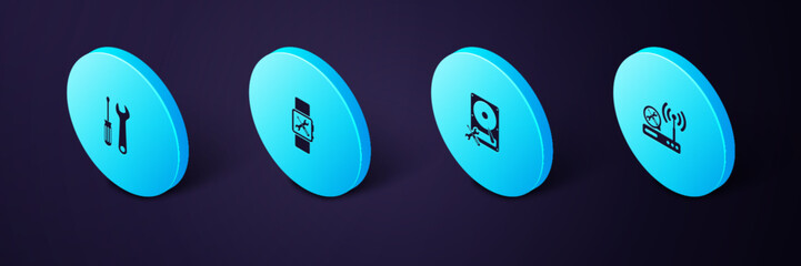 Poster - Set Isometric Router wi-fi service, Hard disk drive, Smartwatch and Screwdriver and wrench icon. Vector