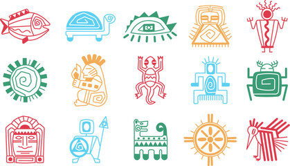 Sticker - Maya aztec totem isolated symbols. Mexican signs, sun, turtle, tiki heads. Indigenous indian tribal god icons. Abstract chameleon, decent vector set