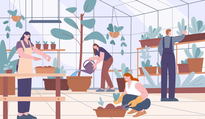 Wall Mural - People in greenhouse care plants and flowers. Summer seeding, cartoon woman man planting green. Plant nursery, rest in farm kicky vector scene