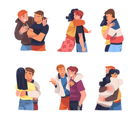 Poster - People Character Hugging and Embracing Each Other Expressing Friendly Feeling Vector Set