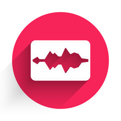 Poster - White Music wave equalizer icon isolated with long shadow. Sound wave. Audio digital equalizer technology, console panel, pulse musical. Red circle button. Vector