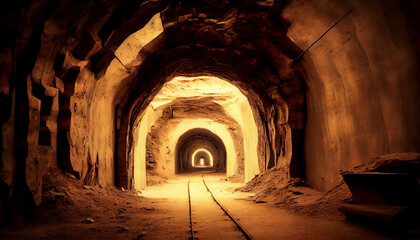 A coal mine underground ore tunnel with rails, mining industry. Generative Ai.