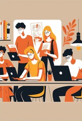 cartoon illustration, students with books and laptops study at school, ai generative