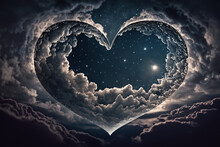 Happy Valentines Day With Love, Heart In The Night Clouds, Sky, Stars For Abstract Background. Generative Ai.