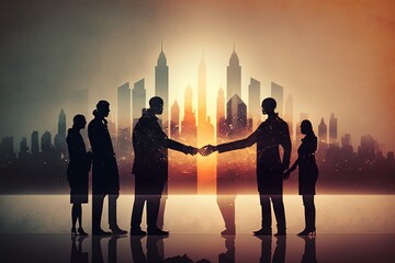 People shaking hands, planet and building Business