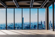 large empty office with panoramic window and urban city skyline view, industrial design; 3D Illustration