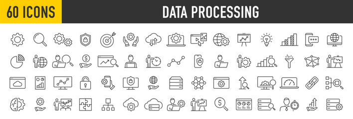 Wall Mural - Set of 60 Data Processing web icons in line style. Analytics, gear, network, statistic, filter, diagrams, technology. Icon collection. Vector illustration.