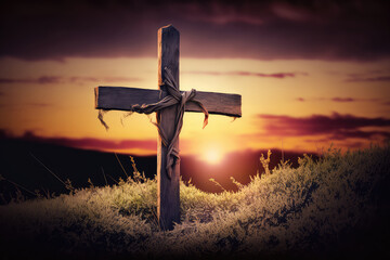 Sunset over on cross old wooden on a grassy hill and meadow, abstract nature background as Christianity concept. (ai generated)