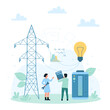 Electric power production and distribution vector illustration. Cartoon tiny people connect light bulb, battery with high voltage power line on steel tower by wires, electricity infrastructure