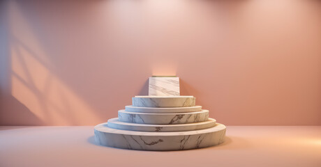 white marble pedestal steps in center with abstract or unorganized layout on pink background.  minimalistic abstract background concept for product placement. Minimal fashion mockup.generative ai