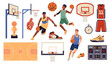 Basketball elements. Cartoon sport objects and group of players in uniforms and sneakers, playing field, ball, basket and electronic scoreboard, professional championship, tidy vector set