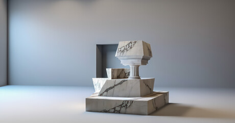 white marble pedestal steps in center with abstract or unorganized layout on white background.  minimalistic abstract background concept for product placement. Minimal fashion mockup.generative ai