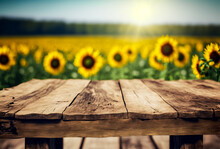Empty Old Wooden Table With Field Of Sunflowers Bokeh Background