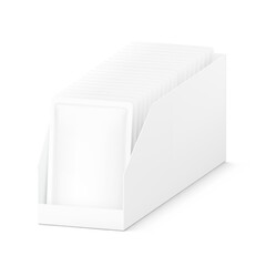 Open pos display box with pouch bags mockup. Vector illustration isolated on white background. Easy to use for your product. EPS10.	