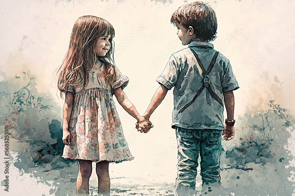 Children Holding Hands Painting, Boy and Girl Hold Hands, Young Love ...