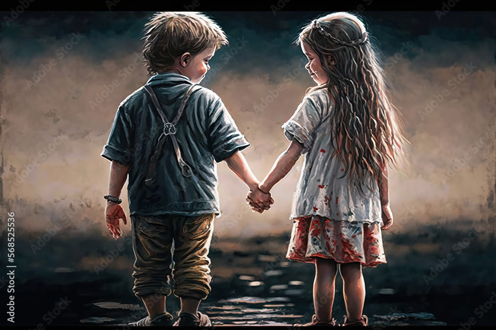 Children Holding Hands Painting, Boy and Girl Hold Hands, Young Love ...