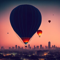 Canvas Print - Hot Air Balloon Floating over Night City, Generative AI Illustration