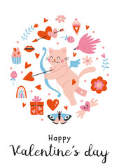Wall Mural - Happy Valentine's day. Greeting card with cupid cat and romantic objects, cartoon style. Trendy modern vector illustration, hand drawn, flat