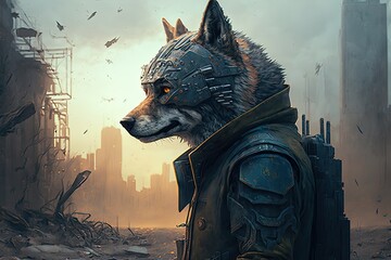 Wall Mural - a cyborg wolf standing in a post-apocalyptic city, digital art style, illustration painting generati
