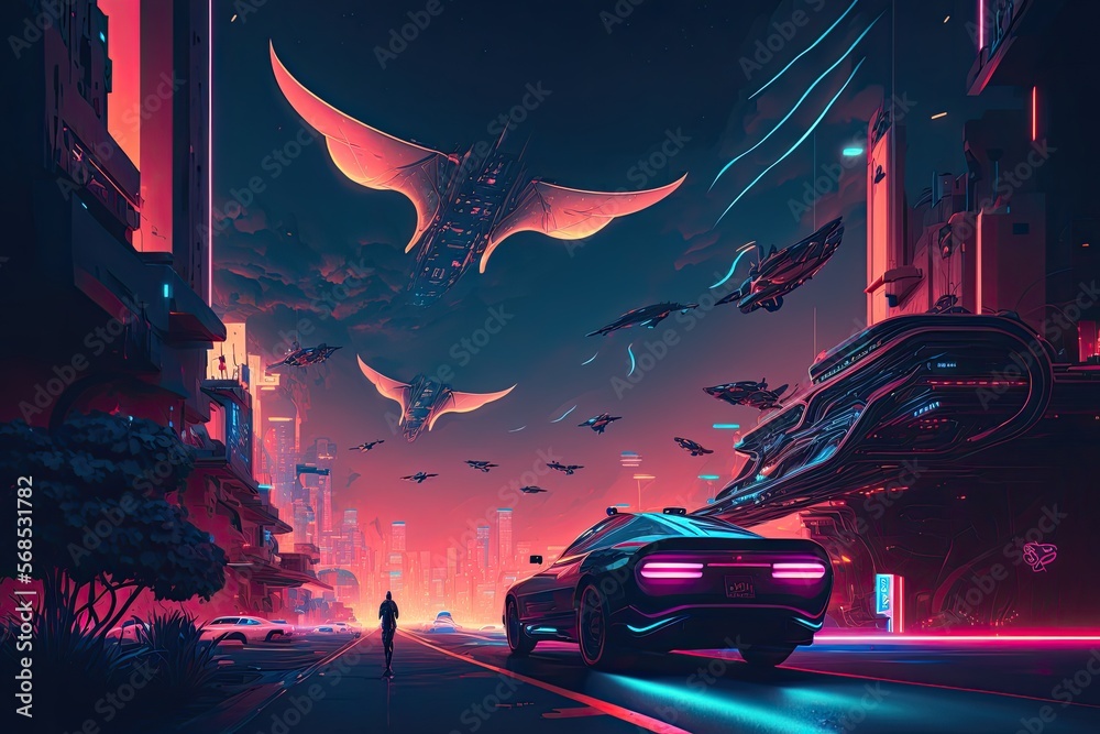 A futuristic cityscape with flying cars and neon lights, digital art ...