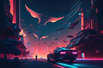 Wall Mural - A futuristic cityscape with flying cars and neon lights, digital art style generative ai