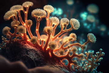 Realistic illustration of bioluminescent corals, sea anemones. Fantastic, amazing creatures of the underwater world. Beautiful background. Gen Art