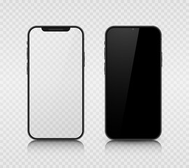 Fototapete - Two smartphone layouts with a black and transparent screen. Realistic 3D mobile phones with shadows and highlights on a transparent background. Vector illustration.