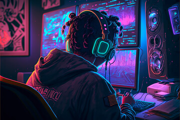 illustration of an Afro-American teenager playing computer games in his bedroom