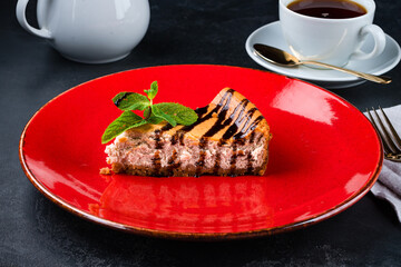 Sticker - Piece of fresh cheesecake with chocolate sauce and mint.