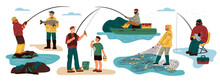 Funny Fisherman Characters. Men On Winter And Summer Fishing. Angling With Rods And Net. Male Catching Fish On Inflatable Boat Or From Shore. Father And Son Leisure. Garish Vector Set