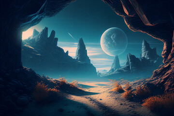Blue alien planet with giant moon and shooting star