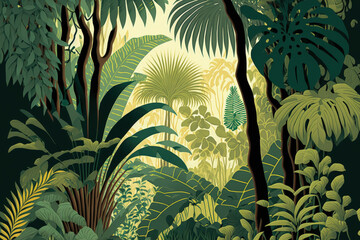Illustration of tropical trees and foliage for digitally printed wallpaper with a bespoke pattern. Generative AI