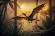 Dinosaur: High-flying pterodactyl soaring above a lush tropical jungle, Generative AI