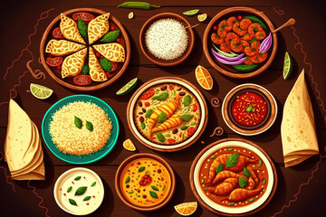 Wall Mural - Assorted indian food set on wooden background. Dishes and appetisers of indeed cuisine, rice, lentils, paneer, samosa, spices, masala. Bowls and plates with indian food top view. Generative AI