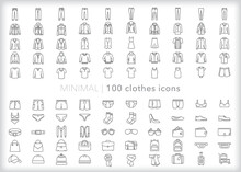 Set Of 100 Clothes Line Icons Of Shirts, Pants, Underwear And Accessories For A Well-stocked Closet