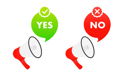 Poster - Megaphone, Tick check mark and cross mark symbols icon element, Simple ok yes no. Elements for things, messages, social networks, web. Votes concept. Disagree, agree, feedback. Vector illustration