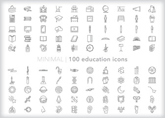 Set of 100 education line icons of items and themes related to primary and secondary school subjects including the arts and sciences