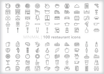 Set of 100 restaurant line icons of meals out for breakfast, lunch or dinner