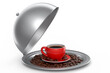Metal tray with cloche ready to serve with ceramic coffee cup and coffee beans