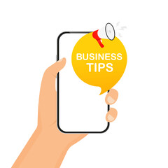 Poster - Business tips. Isolated on white background. Business concept. Alert banner with megaphone, marketing and advertising. Vector illustration